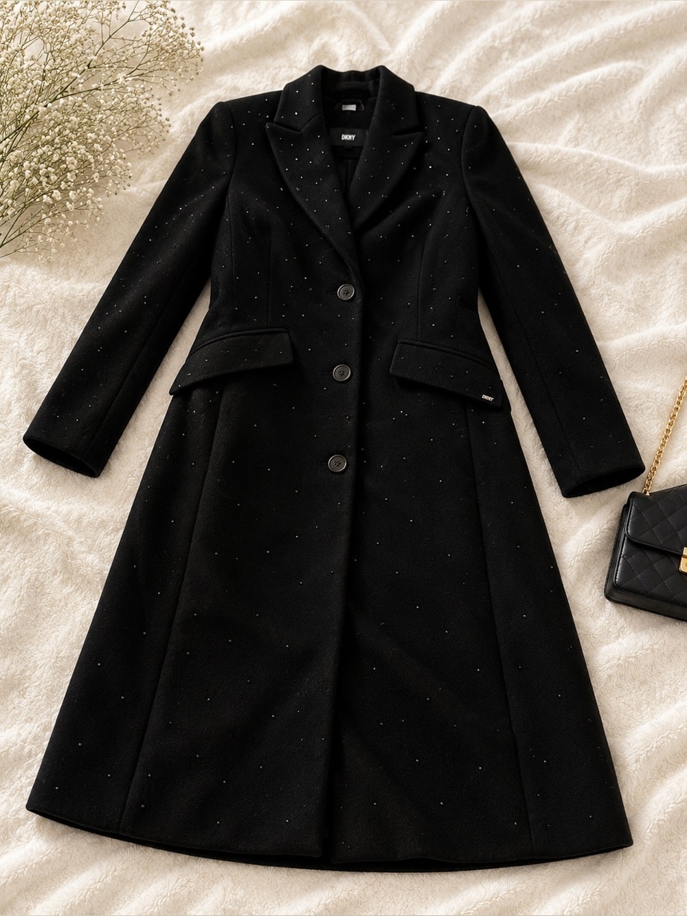 Dkny Black Long Trench Coat with Subtle Sparkle